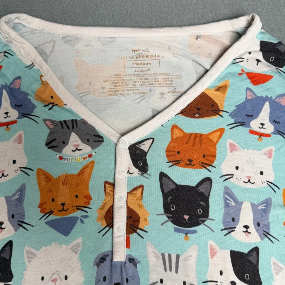 Little Sleepies Cool Cats Bamboo Viscose Pajama Set Womens Medium Blue Henley LS - Picture 3 of 13